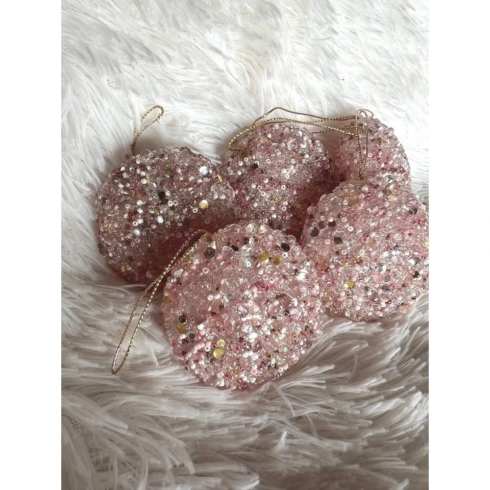 Pink Sparkly Beaded Christmas Tree Ornaments Set of 5 Gold Shimmering Baubles